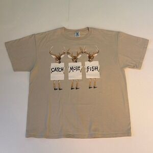 VTG Catch More Fish Shoot More Deer Tan Delta Size XL T Shirt Y2K